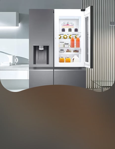 LG 對門雪櫃,Door-in-Door 櫃門打開,在現代廚房中展示其內的飲品